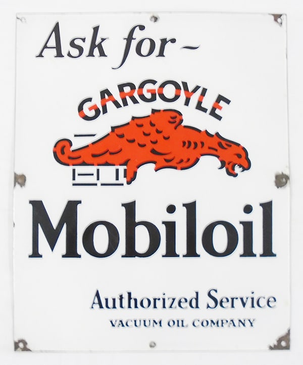 MOBILOIL GARGOYLE PORCELAIN SIGN: 19 1/2" x 24" some wear around fastening holes, ca late 1920's, C7.