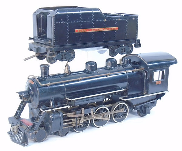 BUDDY L 1000 LOCOMOTIVE & TENDER: painted pressed steel, 43" long, partially restored w/expertly painted sections, new decals, C7-8.