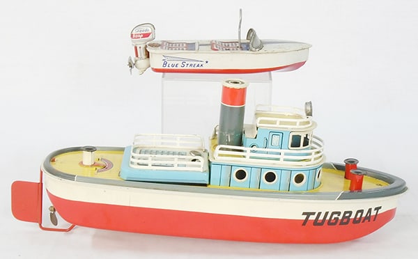 2 TOY BOATS: litho tin, Haji Blue Streak Speedboat, 7" long, windup working, Marusan Tug Boat, 13 1/2" long, battery operated, not working, some oxidation in battery box, C6.