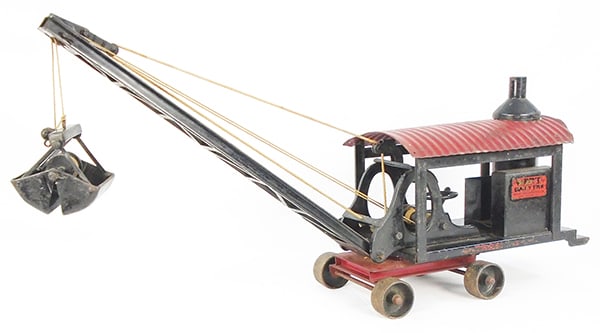 BUDDY L 270 DREDGE: painted pressed steel, 19" long, working, main boom stop broken, side decals worn, ca 1924-29, C5-6.