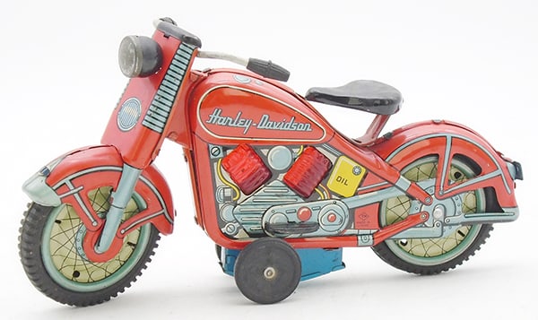 NOMURA HARLEY DAVIDSON MOTORCYCLE: litho tin, friction working, 9" long, w/sparks, dated 1958, C8.