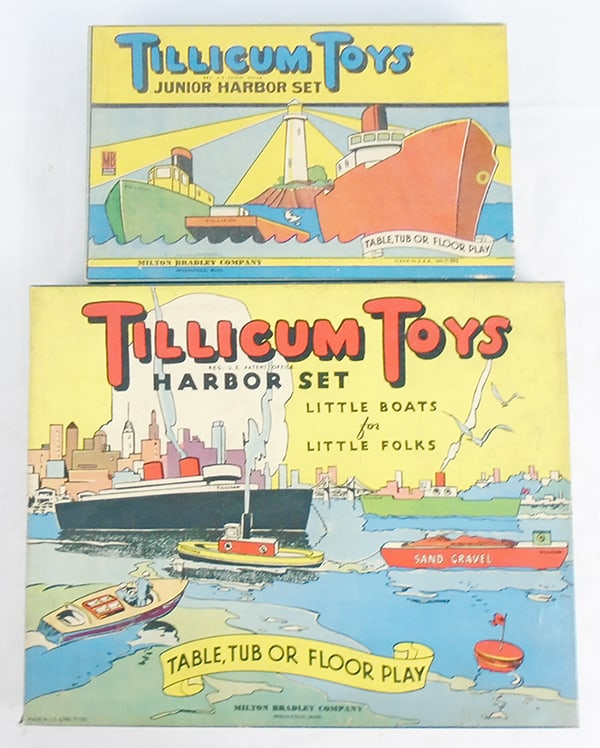2 MILTON BRADLEY TILLICUM TOYS: wood, T-105 Harbor Set, T-205 Jr. Harbor Set, orig boxes & inserts minor wear, C8-9.