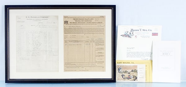 BUDDY L EPHEMERA: framed & matted Bill of Lading for a shipment of Buddy L Toys from Illinois to Boston in 1928, 21" x 15", Letter from Buddy L, 8 1/2" x 11", Flyer, 8" x 5 1/4", Postcard, 5 1/2" x 3 3/4", partial Pric