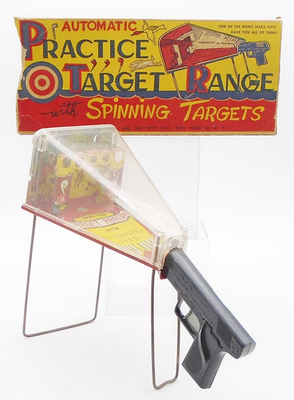 MARX PRACTICE TARGET RANGE: litho tin & plastic, 10" tall, 14" long, working, orig box missing flaps on 1 end, C7-8.