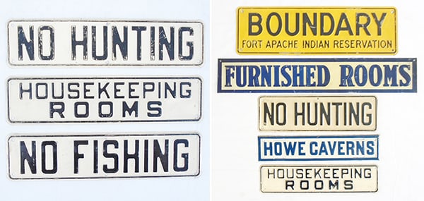 8 EMBOSSED TIN SIGNS: litho tin, 12" to 19" long, C5-7.