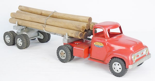 1955 TONKA LOG TRUCK: painted pressed steel, 23 1/2" long, C6-7.