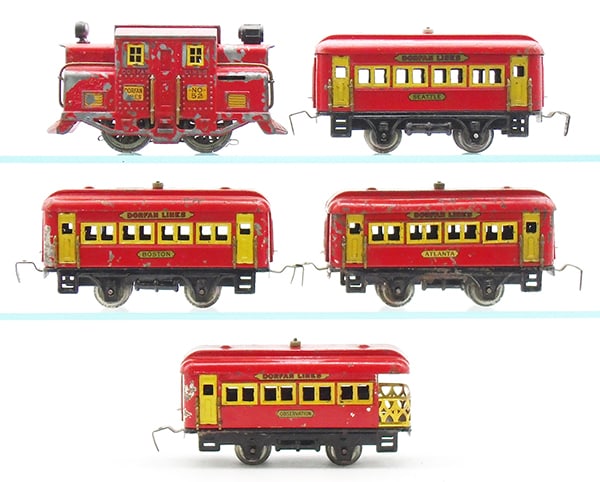 DORFAN TRAIN SET: O ga, 52 red loco, die cast, straight casting, wheels spin, missing both couplers, paint flaking, 498 Seattle, Boston & Atlanta coaches, 499 obsv, cars are red, paint chips, C5-6.