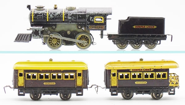 DORFAN TRAIN SET: O ga, 55 electric loco & tender, die cast, 496 Seattle coach, roof repainted, 497 obsv, set is dark metallic maroon, C5-6.