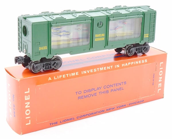 LIONEL 3435 TRAVELING AQUARIUM CAR: O ga, yellow lettering, w/instructions, orig box, C9.