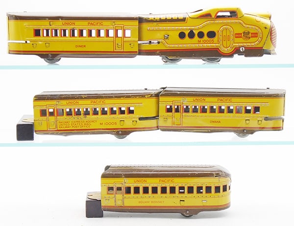 MARX 10000 TRAIN SET: O ga, litho tin, M10005 electric loco, w/Diner, mail car, Omaha coach, Squaw Bonnet obsv, w/track & transformer, orig set box & dividers minor wear, C6-7.