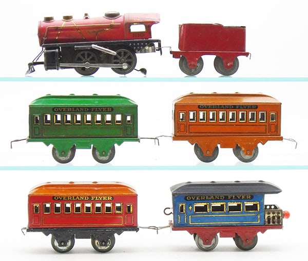 HAFNER TRAIN SET: O ga, litho tin, 1110 bell-ringing loco, windup working, 1190 tender, 3 #86 coaches, 88 obsv, w/battery drumhead light, C5-7.