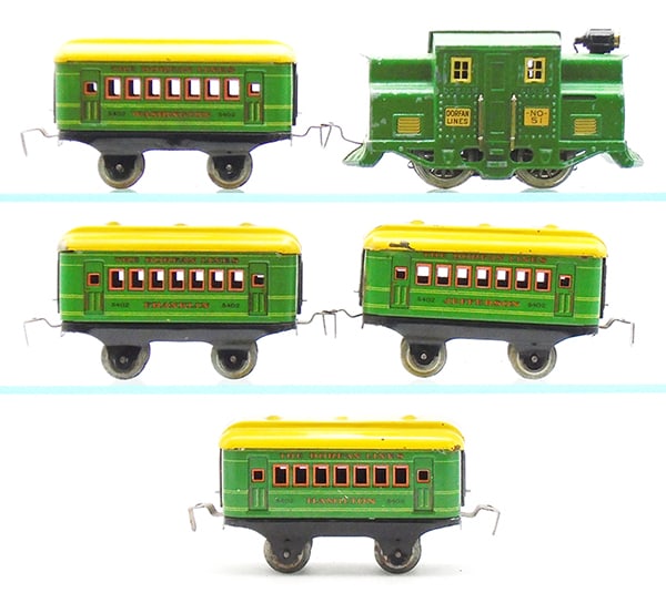 DORFAN 210 TRAIN SET: O ga, 51 die cast loco, straight casting, motor spins, missing dummy headlight, pole holding casting present & has small die cast chip on top where headlight sits, 5402 Hamilton, Franklin, Jefferson &