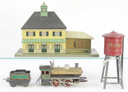 BING/BUB TRAIN LOT: O ga, Karl Bub station, litho tin, 14" long, Bing live steam loco w/burner, tender, missing rear coupler, Bing water tower, spout repainted, C6-7.
