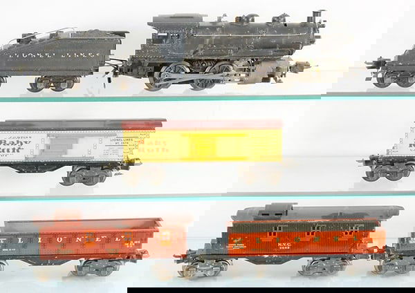 LIONEL TRAIN SET: O ga, 1662 switcher, lettering worn, 2203T tender, 2679 box car, 2677 gondola, 2682 caboose, C6-7.