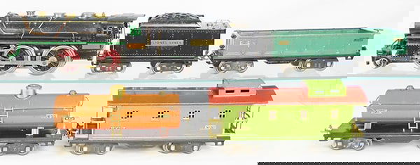 LIONEL TRAIN SET: std ga, 384E loco, rewheeled, 384T tender, green stripe worn, 512 gondola, 515 tank car, 517 caboose, C5-6.