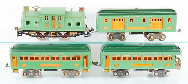LIONEL TRAIN SET: std ga, 10E loco, rewheeled, 332 baggage, 339 Pullman, 341 obsv, set is professionally restored in peacock w/orange trim & dark green roofs, C8.