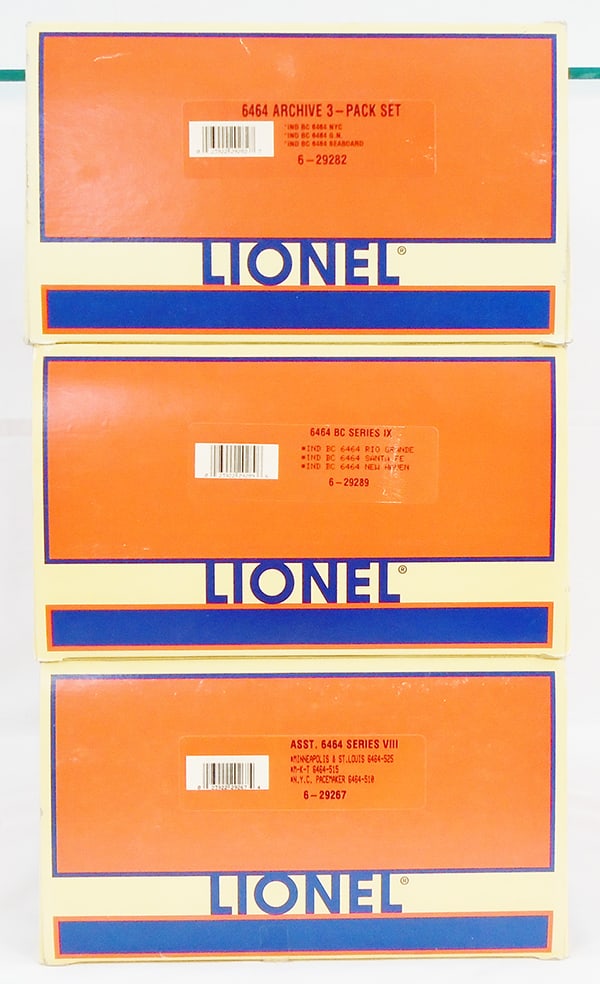 3 LIONEL 6464 BOX CAR 3-PACKS: O ga, 29282, 29289, 29267, 9 cars in total, orig boxes & inserts, C9.