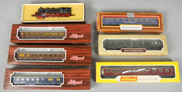 LILIPUT TRAIN SET: HO ga, 2-rail, 7801 German tank loco w/cars 26000, 26100, 26500 CIWL, 88050 Swiss diner, 83503, 29303, orig boxes minor wear, 1 worn, C6-8.