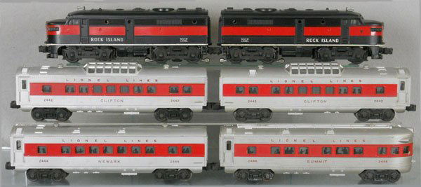 LIONEL TRAIN SET: O ga, 2031 Rock Island AA diesels, nose decals chipped, 2 #2442 Clifton vista domes, 2444 Newark, 2446 Summit, some oxidation spots on frame, C5-6.