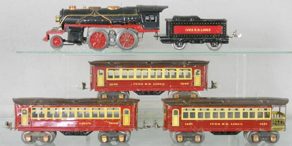 IVES TRAIN SET: O ga, 1661E loco, die cast wheels fatiguing, repainted, 1661 tender, 2 #1690 Pullmans, 1691 obsv, car roofs have bends, C5.