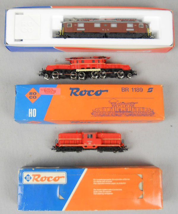 3 ROCO LOCOS: HO ga, 2-rail, 43710 BLS electric loco, 43447 Austrian crocodile, 43555 Austrian diesel, orig boxes & inserts some wear, C9.