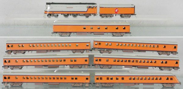 NICKEL PLATE PRODUCTS HIAWATHA TRAIN SET: HO ga, 2-rail, painted brass, loco, tender & 7 coaches, some trucks are loose, orig set box worn & missing foam, C6-7.