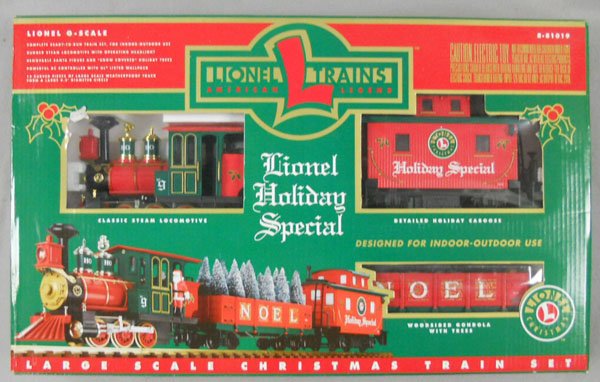 LIONEL HOLIDAY SPECIAL TRAIN SET: G ga, loco, gondola, caboose, track & transformer, orig set box minor wear, C9.