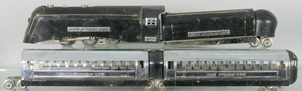 HOGE TRAIN SET: O ga, 1000 loco, missing 1 roller pick up, w/tender, coach & obsv, some surface oxidation spots, C4-5.