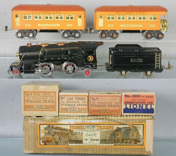 LIONEL 242E TRAIN SET: O ga, 259E loco, 259T tender, 603 Pullman, 604 obsv, orig boxes minor wear, orig set box split & tape repaired, C5-6.