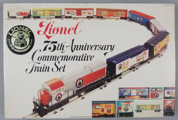 LIONEL 1585 75TH ANNIVERSARY TRAIN SET: O ga, 7500 diesel w/cars 7051 through 7058, orig boxes & set box minor wear, C9-10.