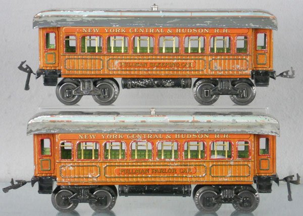 2 BING PASSENGER CARS: 1 ga, Pullman & sleeper, paint flaking & missing all buffers, C4.