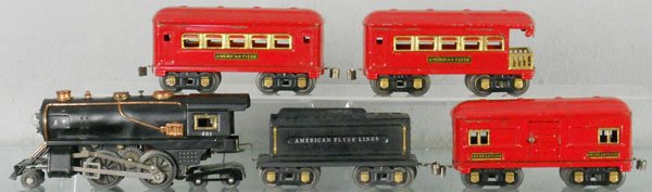 AMERICAN FLYER TRAIN SET: O ga, 401 loco, 421 tender, w/baggage, Pullman & obsv, w/4 rough orig boxes, C5.