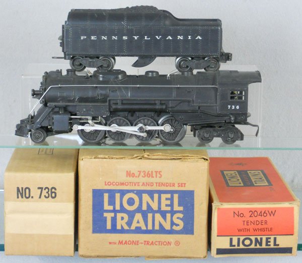 LIONEL 736 LOCO & TENDER SET: O ga, 736 loco, 2046W tender, orig boxes & master carton, C5-6.