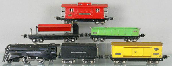 LIONEL TRAIN SET: O ga, 265E loco, cab replaced, 265W tender, restored, 2812 gondola, 814 box car, 3859 dump car, 817 caboose, w/repro die cast couplers, C5-6.