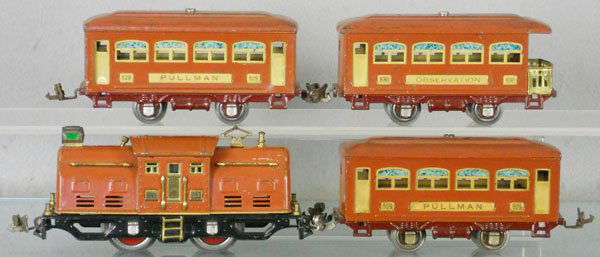 LIONEL TRAIN SET: O ga, 252 loco, some fatiguing on die cast wheels, 2 #529 Pullmans, 530 obsv, C5.