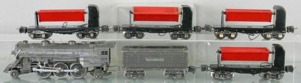 LIONEL TRAIN SET: O ga, 224E loco, some touch up spots, 2689WX tender, 4 #3659 dump cars, C4-5.