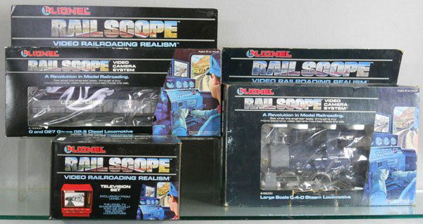 LIONEL RAILSCOPE LOT: 8-55000 video camera large scale loco, G ga, 6-33000 GP9 diesel, O ga, 6-33002 television set, orig boxes, 1 rough, C8-9.