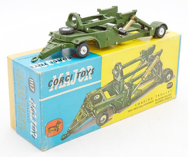 CORGI 1117 MISSILE LOADING TROLLEY: green, working, orig box & inserts minor wear, C9.