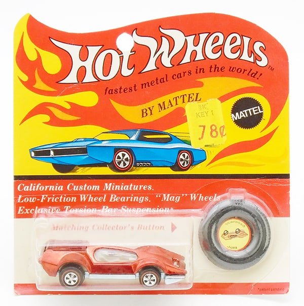 HOT WHEELS BUG EYE BLISTER PACK: dated 1970, made in USA, red, factory sealed on orig card, card has price tag, C10.