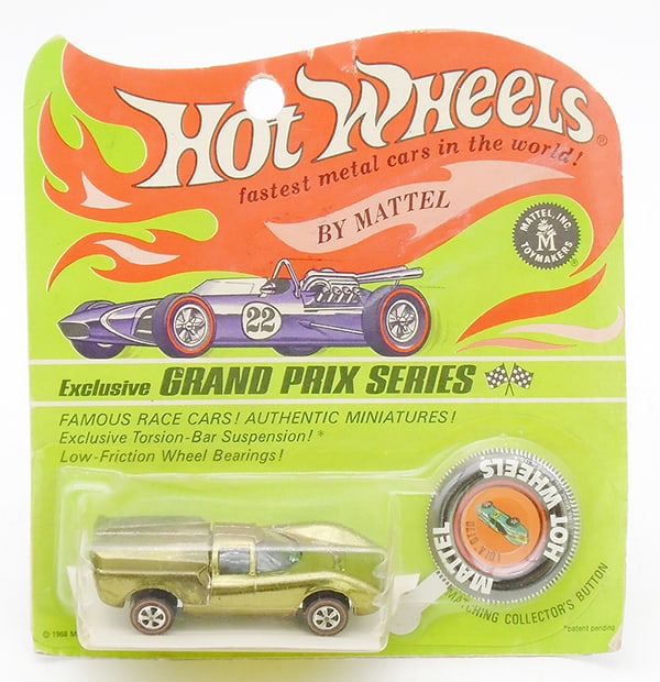 HOT WHEELS LOLA GT70 BLISTER PACK: dated 1969, made in USA, olive, clear windows w/stickers, factory sealed on orig card, C10.