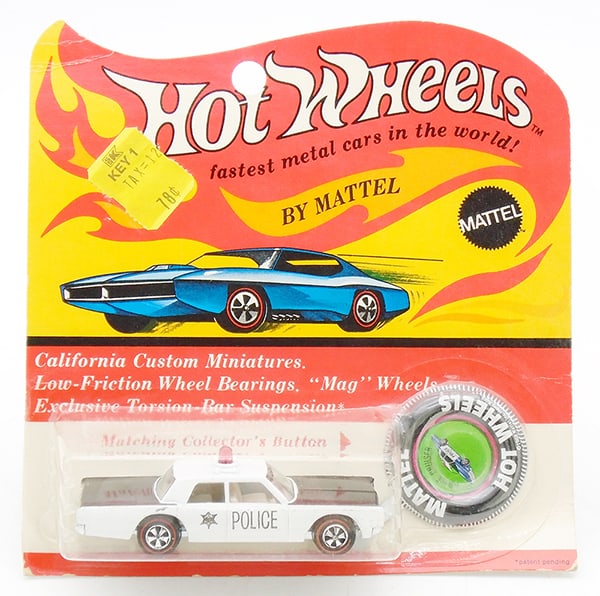 HOT WHEELS POLICE CRUISER BLISTER PACK: dated 1969, made in USA, white & black, factory sealed on orig card, w/price tag, C10.