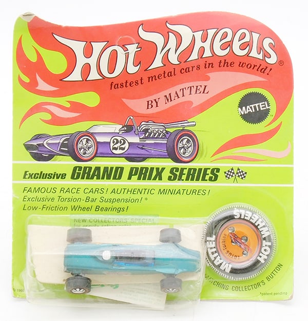 HOT WHEELS LOTUS TURBINE BLISTER PACK: dated 1969, made in Hong Kong, aqua, factory sealed on orig card, blister has minor wear, C10.