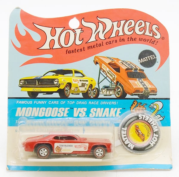 HOT WHEELS MONGOOSE FUNNY CAR BLISTER PACK: dated 1969, made in USA, red w/clear windows, factory sealed on orig card, C10.