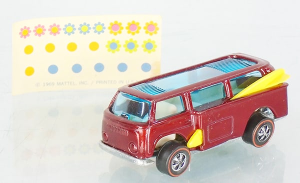 HOT WHEELS VOLKSWAGEN BEACH BOMB: dated 1969, made in Hong Kong, red, w/decal sheet, C8-9.