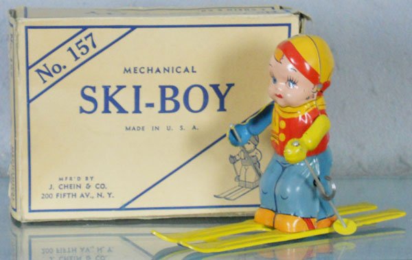 CHEIN 157 SKI-BOY: litho tin, windup working, 5 1/2" tall, orig box minor wear, C8.