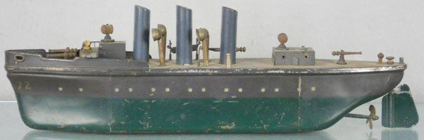 ORKIN DESTROYER 72: painted tin, windup working, ca 1914, 18 1/2" long, 3 smokestack funnels replaced, missing 1 lifeboat & gun, some paint wear, C5.