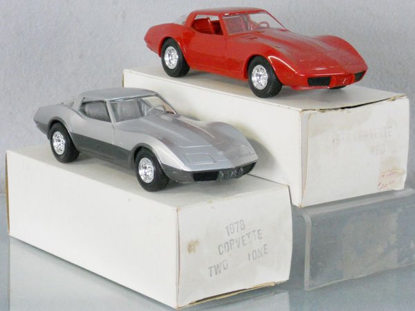 2 MPC CORVETTE PROMOS: plastic, 1978 is silver & gray, 1979 red, orig boxes minor wear, C9.