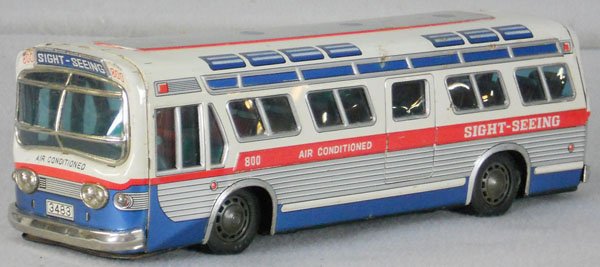 TM SIGHTSEEING BUS: litho tin, friction working, 16" long, some bends & oxidation spots, C4-5.