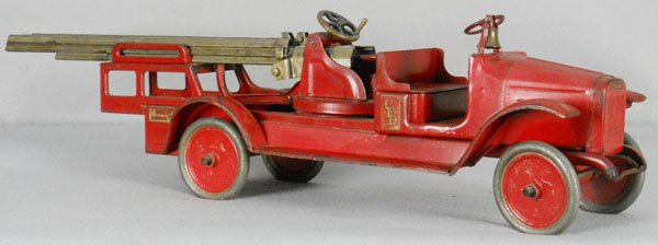 BUDDY L 205B AERIAL LADDER TRUCK: painted pressed steel, 38" long, decals have minor wear, C5.