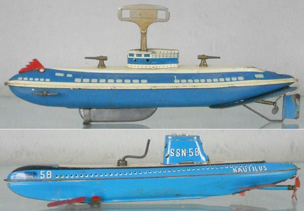 2 SUBMARINES: Wolverine Submarine, painted pressed steel, windup working, 13" long, San Nautilus, litho tin, windup working, 11" long, both are playworn, C4-5.